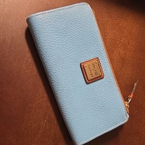 Dooney & Bourke Sky Blue Pebbled Zip-Around Wallet with Leather Logo